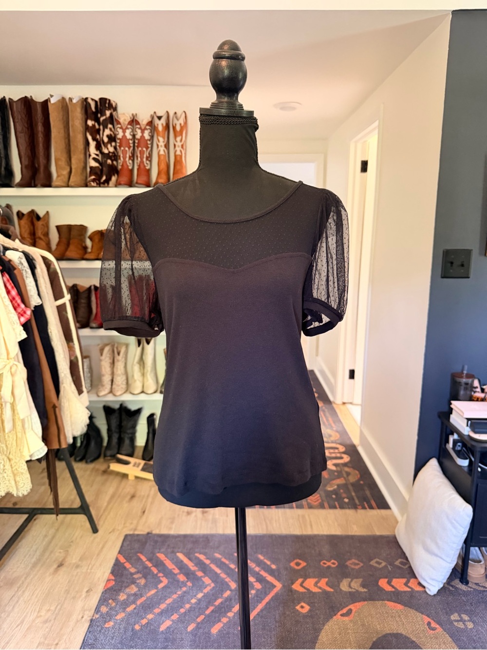 Maeve Black Mesh-Sleeve Sweetheart Neck Top